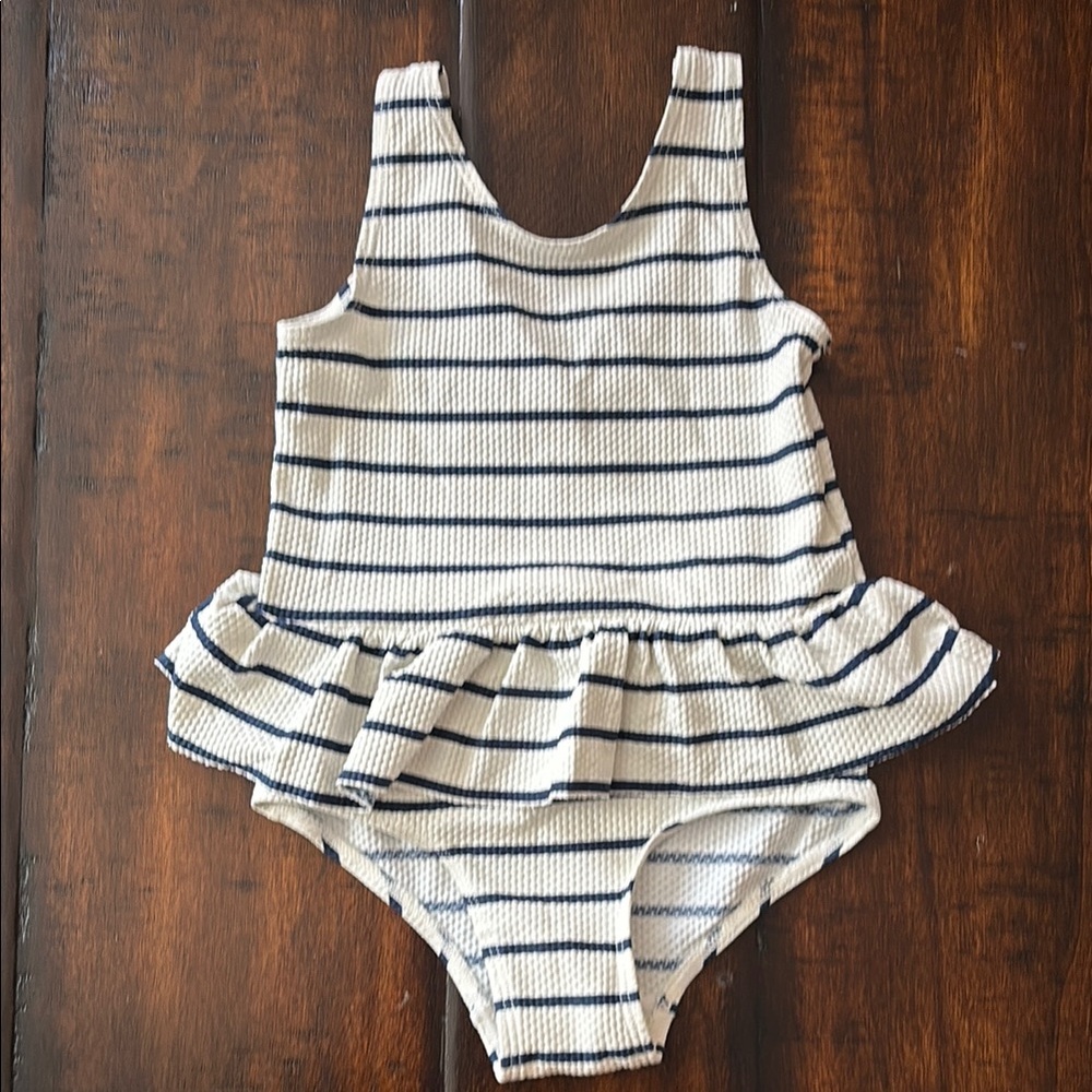 H&M White and Blue One Piece Swimsuit with Ruffle Detail